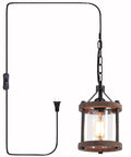 Cozy Farmhouse Style Plug In Pendant Light With Rustic Wood And Glass Cylinder, Industrial Hanging Lighting Fixture With On Off Switch For Kitchen Island, Bronze Metal Finish, displayed with cord and switch.