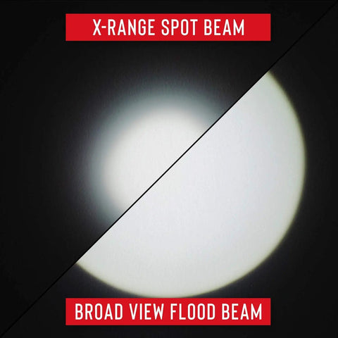 X-range spot beam and broad view flood beam from Rechargeable LED Flashlight With Slide Focus 300 Lumen Long Range Beam In A Compact Green Finish EDC Pocket Light For Medical Pros Law Enforcement Pilots And Military
