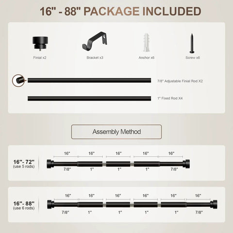 Diagram showing the assembly of Built To Last Black Curtain Rod Set For Windows 48 To 84 Inches Adjustable 1 Inch Diameter With Decorative Finials.