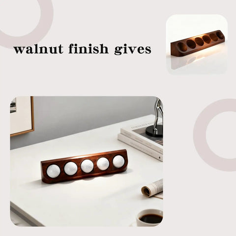 Two Pack Walnut Wood Golf Ball Display Case Wall Mount Set Holds Six Standard Golf Balls Each For A Total Of Twelve on desk