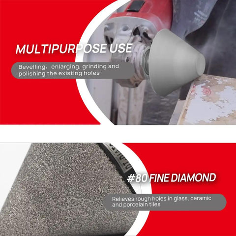 Two Inch Diamond Beveling Chamfer Bits For Granite And Marble Tiles Pack Of 2 With 5 8 11 Thread For Angle Grinder Pro Grade Enlarging Shaping And Polishing Holes And Edges in use with angle grinder