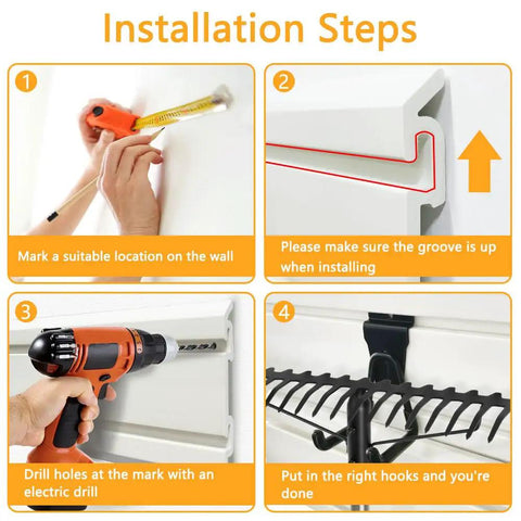 Installation steps for Slatwall Panel 6 By 24 Inch PVC Wall Mounted Slat Wall Rack For Garage Organization showing measuring, drilling, and hooking.