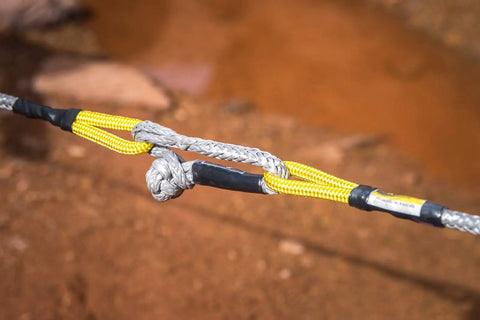 Tough As Nails 3/8 Inch By 12 Inch Soft Shackle with Dyneema fiber, showing secure knot for off road recovery gear.