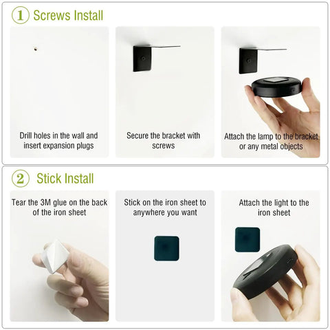 Installation steps for Three Pack LED Picture Lights For Wall With Rechargeable Battery, showing screws and stick methods.