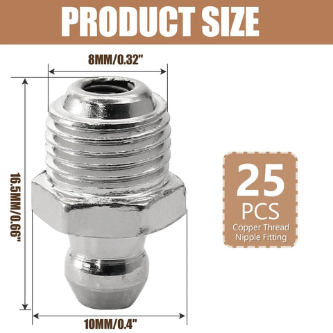 Front view of zinc-plated M8 male-thread grease fitting, 8mm x 1mm, from a 25-piece kit.