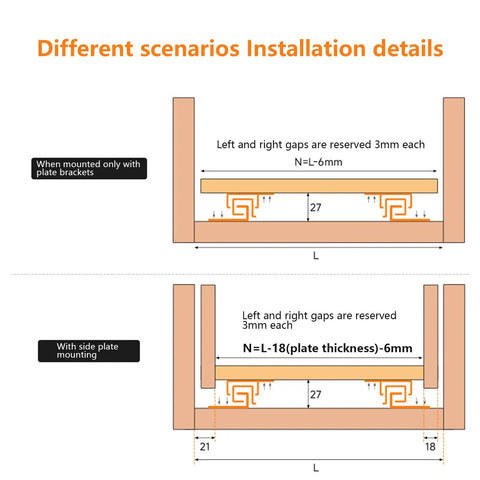 Installation details for Heavy Duty Soft Close Undermount Drawer Slides With Full Extension Pull Out Shelf Glides showing two mounting scenarios.