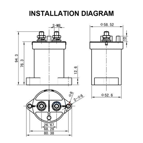 Installation diagram for Straight Up Reliable Dc Contactor Power Relay Switch For Ev Chargers and High Voltage Charging Stations, showing dimensions.