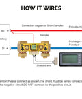Wiring diagram for Rugged Battery Monitor With Shunt For 12V Rigs Up To 500A, showing connection details and display unit.