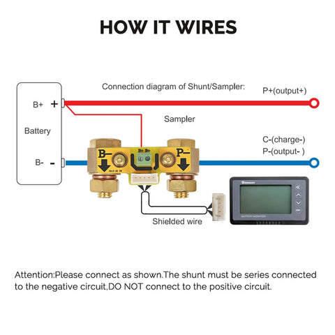 Wiring diagram for Rugged Battery Monitor With Shunt For 12V Rigs Up To 500A, showing connection details and display unit.