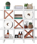 Rustic Tic Tac Toe Toilet Paper Holder And Farmhouse Bath Shelf Distressed White Storage with decor items displayed