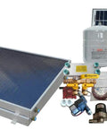 Dual Panel Freeze Protected Hybrid Solar Water Heater Kit Single Row Installation Connects To Existing Electric Or Gas Tanks showing components and solar panel.