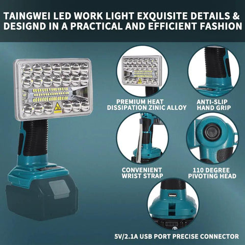 2000 Lumen LED Work Light For 18V LXT Battery, 18W Floodlight, anti-slip grip, zinc alloy, USB connector, pivoting head
