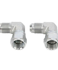 Rock Solid 3/8 Inch 90 Degree Elbow Hydraulic Fitting With 360 Rotating Female Port Made From Tough Carbon Steel Capable Of Withstanding Pressures Up To 3000 PSI Engineered For Zero Leak Proof Best For Heavy Gear Running Hard All Week Long. two silver 90 degree hydraulic elbow fittings
