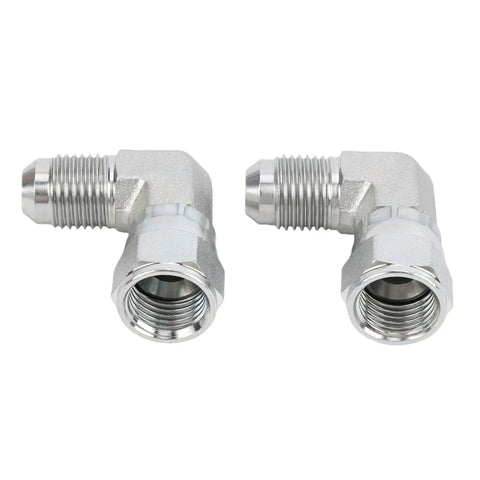 Rock Solid 3/8 Inch 90 Degree Elbow Hydraulic Fitting With 360 Rotating Female Port Made From Tough Carbon Steel Capable Of Withstanding Pressures Up To 3000 PSI Engineered For Zero Leak Proof Best For Heavy Gear Running Hard All Week Long. two silver 90 degree hydraulic elbow fittings