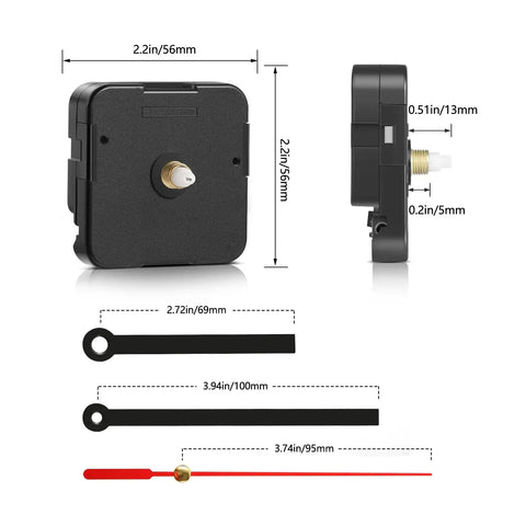 Quartz DIY Wall Clock Movement Mechanism Battery Operated Repair Kit With 13mm Shaft And 100mm Long Hands dimensions