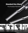 Pipe Threading Tool Set With One Half Inch And Three Quarter Inch Dies For Internal And External Threads Drill Powered Adapter For PVC And Plastic Pipes Must Have Home Repair Kit showing hex shank for various drills.
