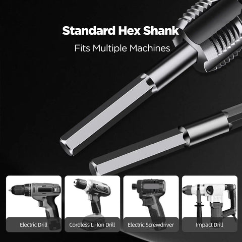Pipe Threading Tool Set With One Half Inch And Three Quarter Inch Dies For Internal And External Threads Drill Powered Adapter For PVC And Plastic Pipes Must Have Home Repair Kit showing hex shank for various drills.
