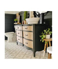 Bathroom with wooden dresser and plant on patterned floor coated by Two Step Home Floor Watercolor Coating Kit White With Easy Diy Application.