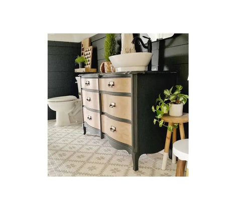 Bathroom with wooden dresser and plant on patterned floor coated by Two Step Home Floor Watercolor Coating Kit White With Easy Diy Application.