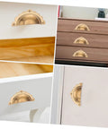 Vintage Gold Semi Circle Cabinet Door Pulls 2 Pack on white drawers and brown dresser, durable metal hardware