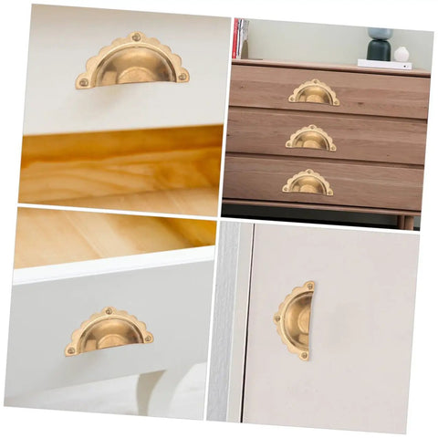Vintage Gold Semi Circle Cabinet Door Pulls 2 Pack on white drawers and brown dresser, durable metal hardware
