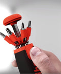 Hand holding 26InOne Ultra Driver Set 14 Piece Kit With Magnetic Bits And Precision Screwdrivers For Home Auto And Workshop Use Built Tough Versatile Hand Tool Collection