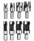 Badass 8 Piece Wood Plug Cutter Set Made From Heavy Duty Carbon Steel With Round Shank Design showing eight tough steel cutters.