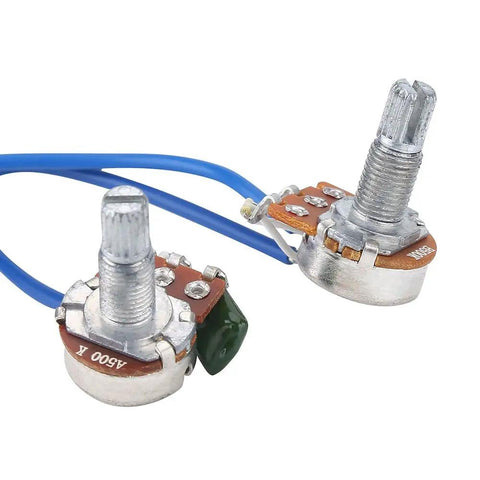 Close-up of 2 Volume 2 Tone Guitar Wiring Harness With 3 Way Switch 500K Pots Copper Shaft Sleeve Anti Aging Wires For LP Style Guitars Plug And Play Ready To Ship showing two 500K pots and wires.