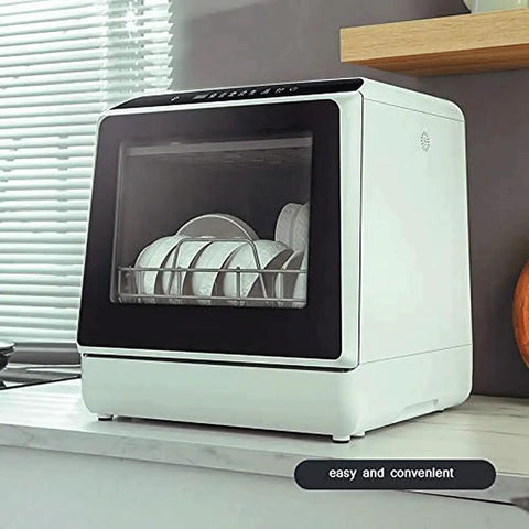 Fully Automatic Portable Countertop Dishwasher Crafted From Premium Stainless Steel on counter with dishes inside and LED display.