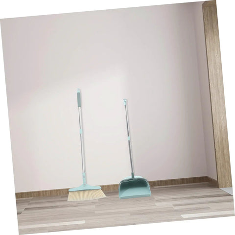 Top Shelf Long Handle Dustpan And Broom Set For All Hard Floors, No Sweat Sweeping Kit For Wood Tile And Laminate displayed against a wall.