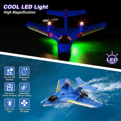Amphibious RC Water Plane For Water And Air Flying With 2.4Ghz Gyro Stabilized Remote Control Fighter Aircraft with LED lights.