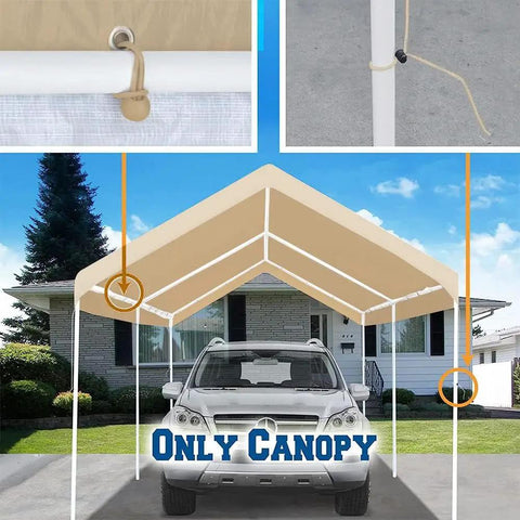 10x20 Beige Carport Replacement Top Cover For Outdoor Shelter Waterproof And UV Protected Tarp With Ball Bungees Fits 10x20 Carport Frame Not Included Heavy Duty Roof Cover
