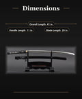 Katana Iaito For Iaido Training With Unsharpened Stainless Steel 28 Inch Blade displayed on stand, dimensions shown