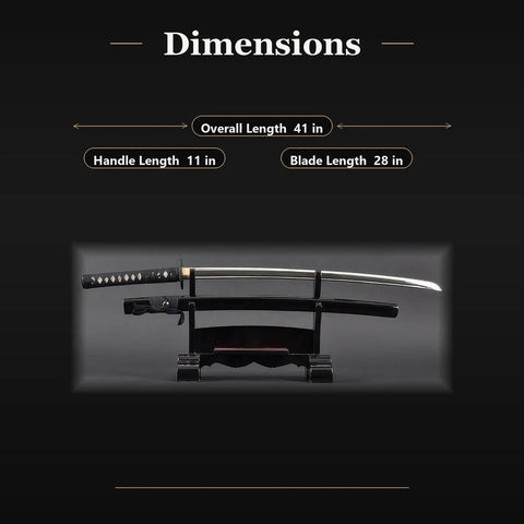 Katana Iaito For Iaido Training With Unsharpened Stainless Steel 28 Inch Blade displayed on stand, dimensions shown