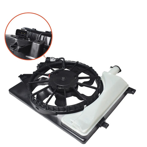 Straight Shot Radiator Cooling Fan Direct Swap Replacement For Hyundai Elantra Hybrid 2014 To 2016 shown from top angle with connector.