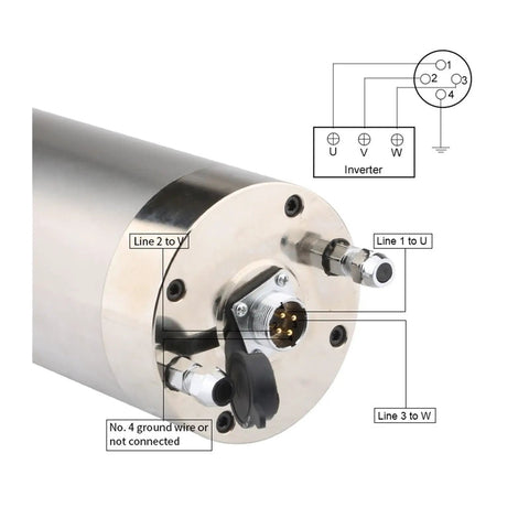 Beefed Up 3.2 kW CNC Spindle Motor, Water Cooled 380V ER25, 105mm Body, 4 Bearings, Wiring Diagram Visible