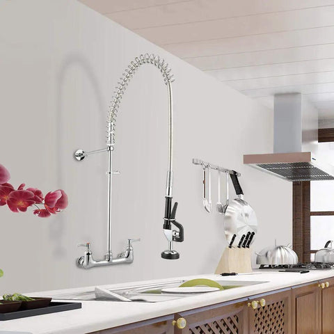 Pro Grade Wall Mount Pre Rinse Kitchen Faucet With Pull Down Sprayer, Brass Construction, Double Handle, Fits 2/3 Compartment Sinks shown in kitchen