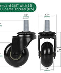 Heavy Duty Office Chair Caster Wheels With Threaded Stem Three Eighths 16X1, showing dimensions and design for smooth operation.