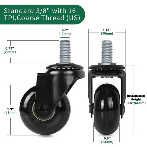 Heavy Duty Office Chair Caster Wheels With Threaded Stem Three Eighths 16X1, showing dimensions and design for smooth operation.