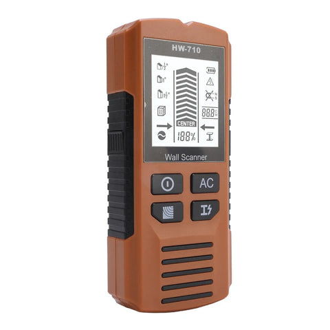 WALFRONT Stud Finder Wall Scanner with Scan Modes and LCD Backlit Screen for Detecting Wood Metal AC Wires in orange color.
