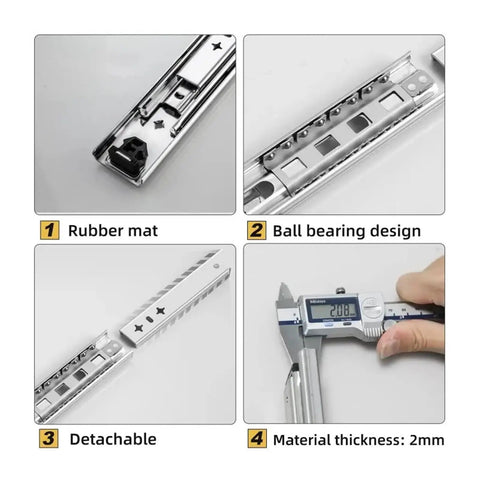 Close-up of Heavy Duty Locking Drawer Slides Pair With Full Extension Ball Bearing Side Mount Rails, 53mm Wide, Supports Up To 120kg.