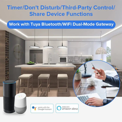 Smart home kitchen with 5 In 1 Tuya Zigbee 3.0 LED Controller, Amazon Alexa, and Google Assistant integration interface, user control.