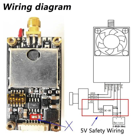 TX2500 V4 5 8 GHz FPV Transmitter With 2000mW Power Cooling Fan Ultra Long Range wiring diagram and circuit board details