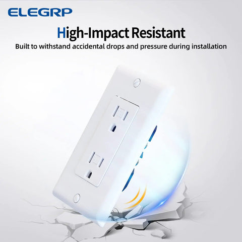 Decorator Wall Outlet With Tamper Resistant Safety, 15 Amp 125V Receptacle, Self Grounding, Residential Grade, UL Listed, glossy white, wall plate, high-impact resistant feature demonstration image.