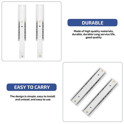 Side Mounted Double Row Ball Bearing Drawer Slides 2 Pack Straight Up Heavy Duty Full Extension Cold Rolled Steel Cabinet Glides setup with durability features.