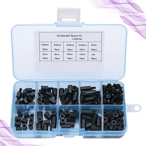 180 Piece Nylon Thread Spacers Kit For PC Boards And DIY Electronics, Hex Standoff Spacers, Durable Anticorrosive Nylon, Portable Plastic Box, Great For Prototyping And Computer Builds, open box with black M3 standoffs