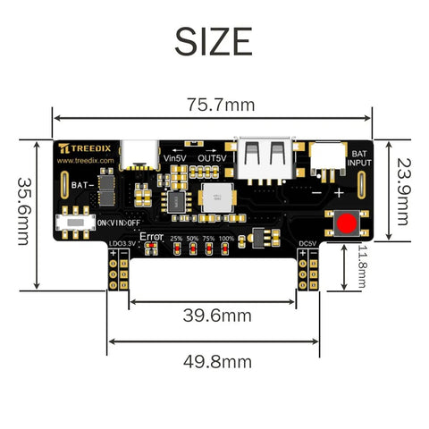 Dope Two Pack Breadboard Power Supply Module With USB C Charging 3.3V And 5V Rails Type A Output Rechargeable Battery Stand, showing size dimensions.