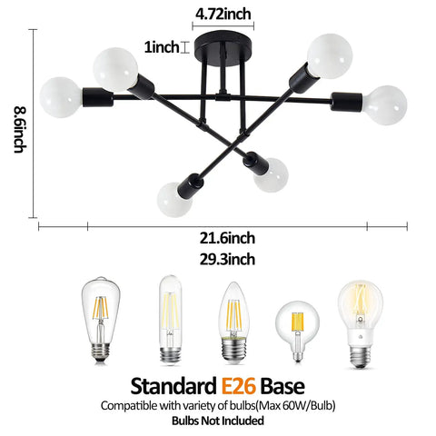 Dimensions of Six Lights Sputnik Style Semi Flush Mount Ceiling Chandelier In Black Finish With E26 Bulb Base Modern Light Fixture