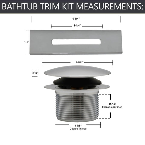 Detailed measurements of Polished Nickel Tip Toe Bathtub Drain Plug Kit With Linear Overflow Plate And Fittings 5 Pack.