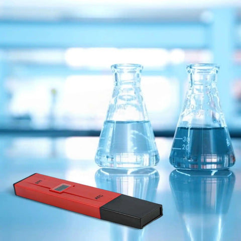 Pro Grade Digital pH Meter Tester 0.0-14.0 Range With 0.1 Resolution, Backlit Display And Auto Temperature Compensation shown with beakers